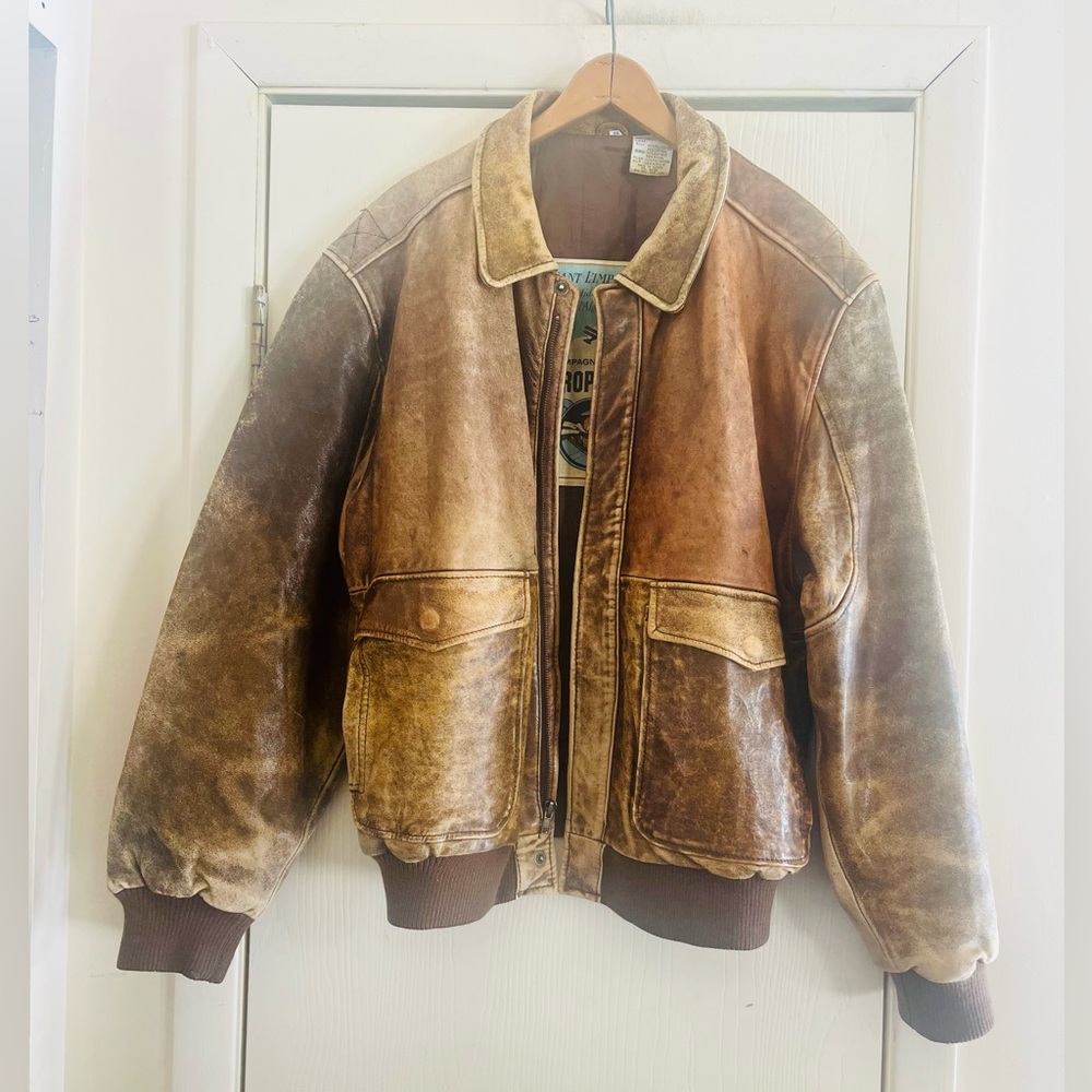 VTG Y2K 90s Worn In Patina Rugged WWII Flight Aviator Leather Bomber Jacket M/L